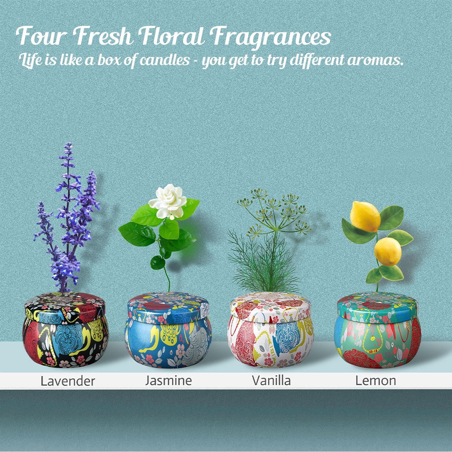 Scented Candles Gift Set, Aromatherapy Candles Gifts for Women, Lavender, Vanilla, Lemon, Jasmine, Natural Soy Wax Portable Travel Tin Candle,4 X 4.4 Oz