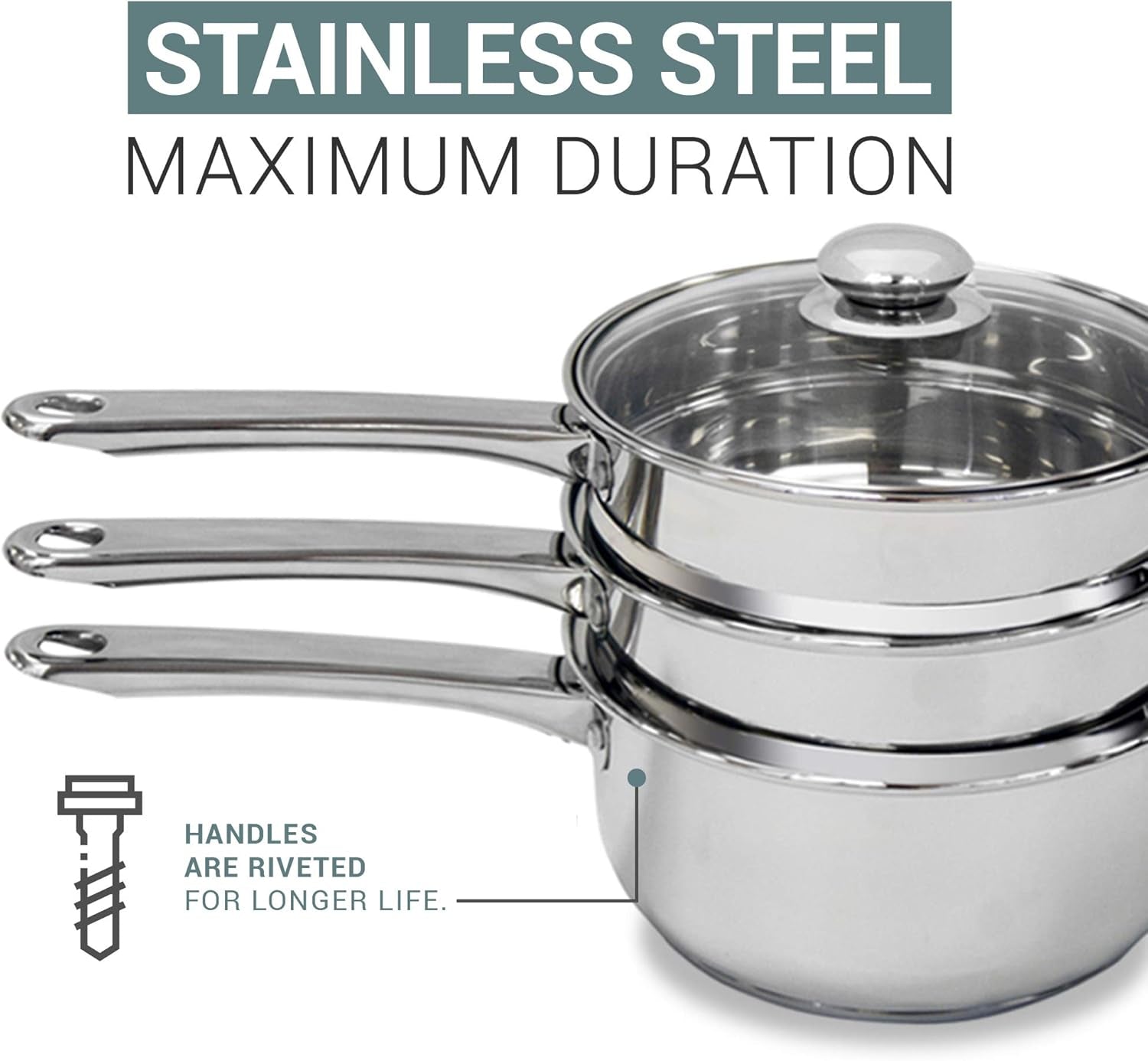 Stainless Steel Double Boiler with Tempered Glass Lid for Clear View While Cooking, Dishwasher (3 Qts & 4 Pieces)