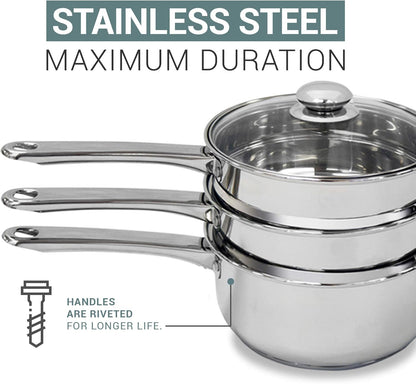 Stainless Steel Double Boiler with Tempered Glass Lid for Clear View While Cooking, Dishwasher (3 Qts & 4 Pieces)