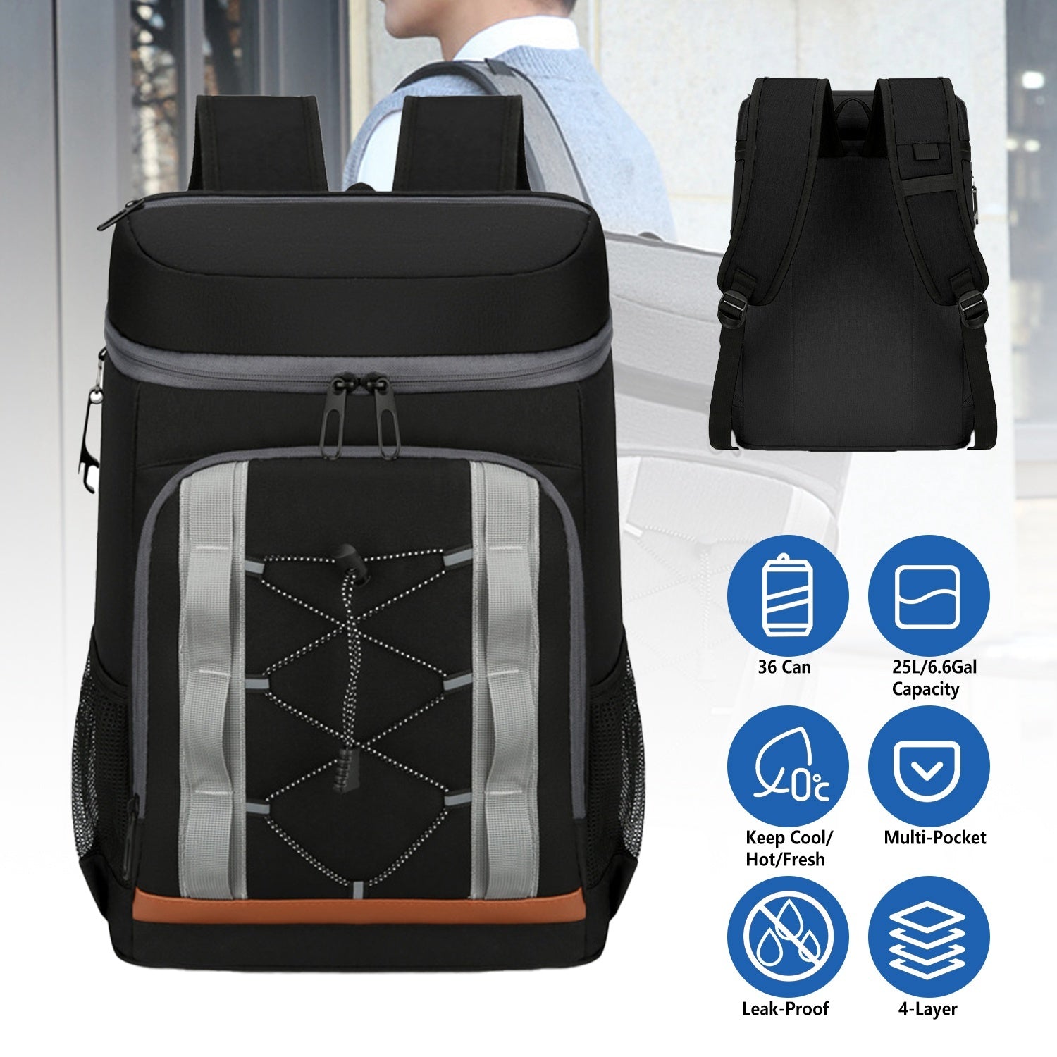 Grey-Black Cooler Backpack Leakproof Insulated  Backpack