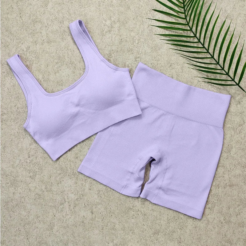 Ribbed Women Sets Fitness Suit Seamless Sportswear Sexy Gym Clothing Stripe Legging Long Sleeve Sport Outfits Woman Tracksuit