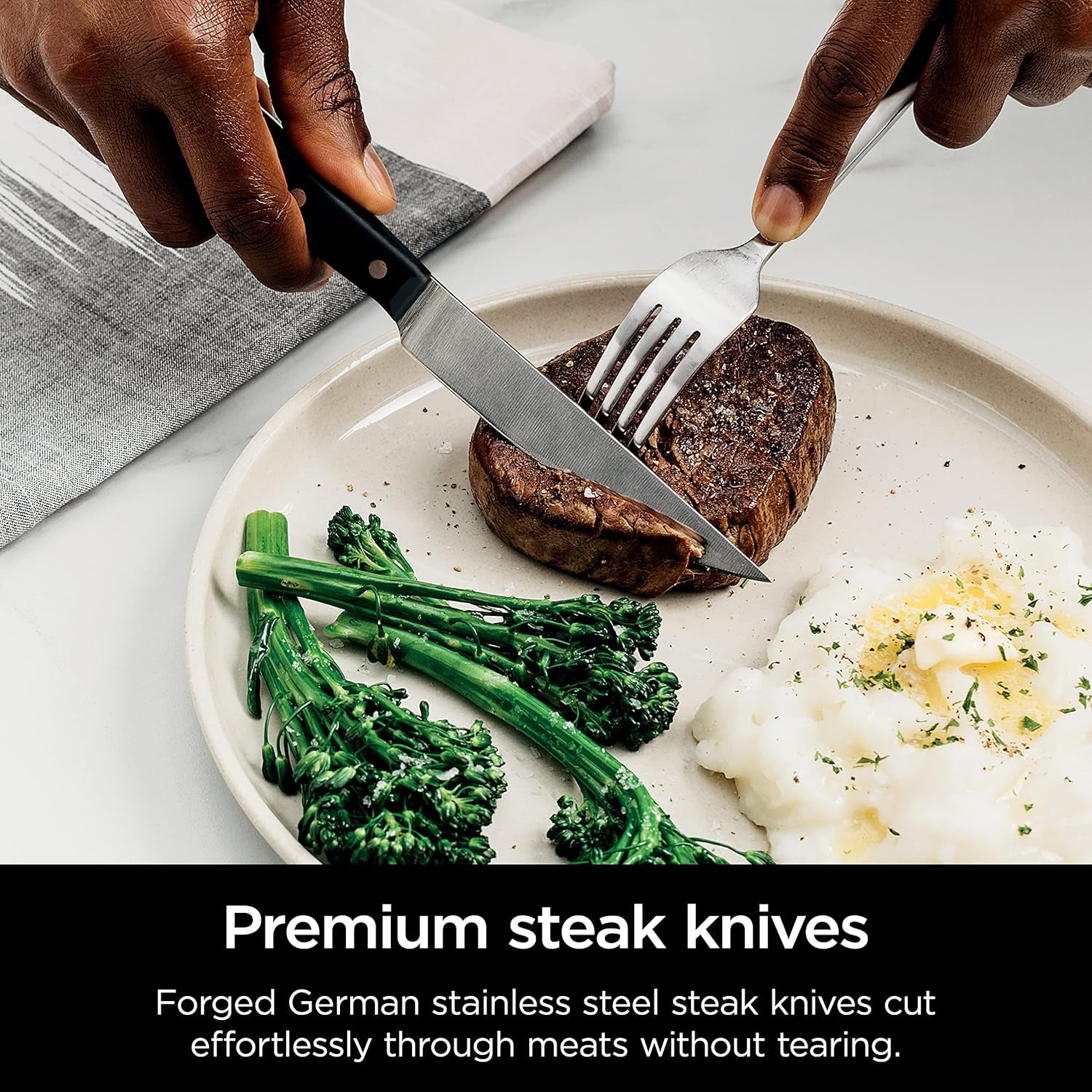 Premium Knife System, 12 Piece Knife Block Set with Built-In Sharpener, German Stainless Steel Knives, Black