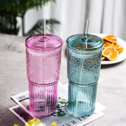 Glass Straw Cup Glass With Lid Large Capacity Girls' Gifts Summer Juice Internet Celebrity Cool Drinks Cup