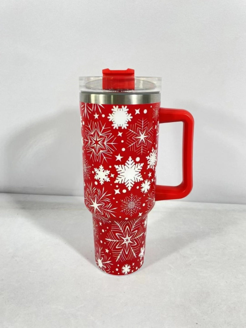 Christmas Stainless Steel Tumbler with Handle, Lid & Straw