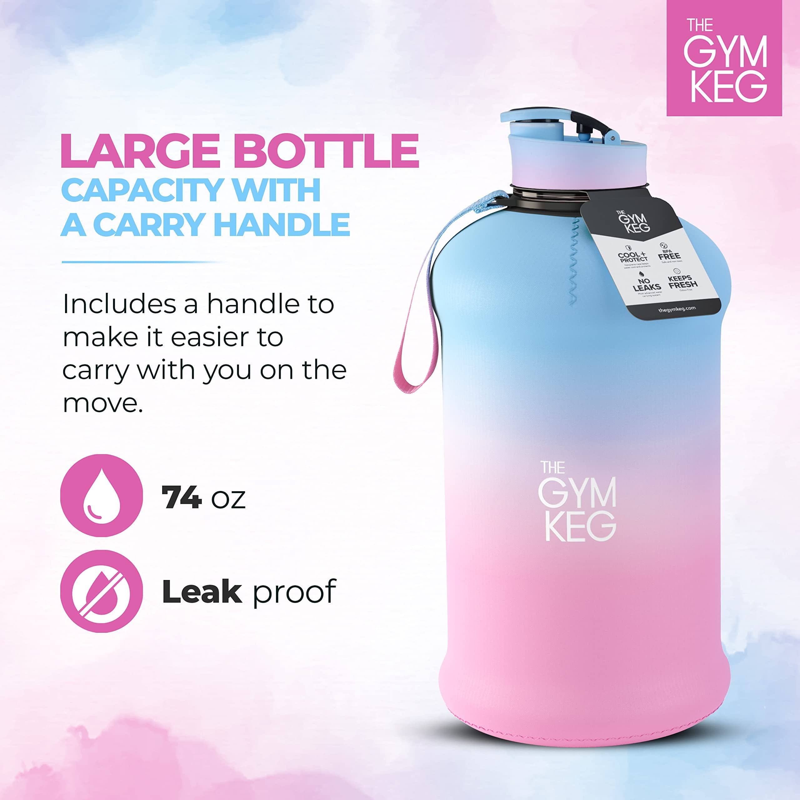 Insulated Water Bottle 2.2 L Black Neoprene with Carry Handle & Leakproof Cap