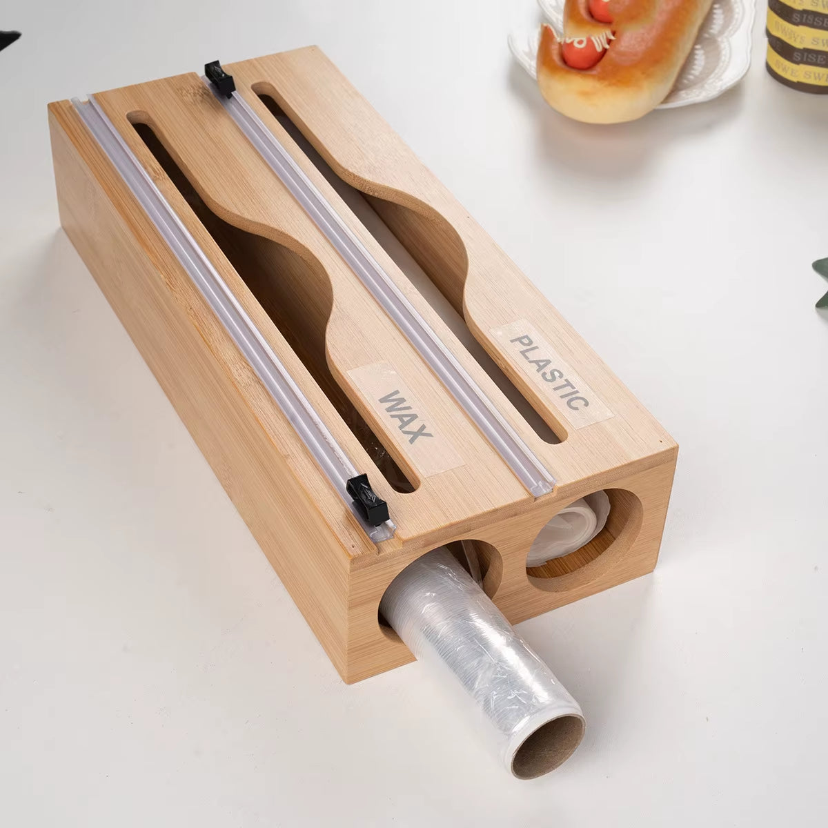 Bamboo Compartment Cling Film Tin Foil Cutter Box with Kitchen Paper Wall Mounted Paper Towel Kitchen Organizer Accessories