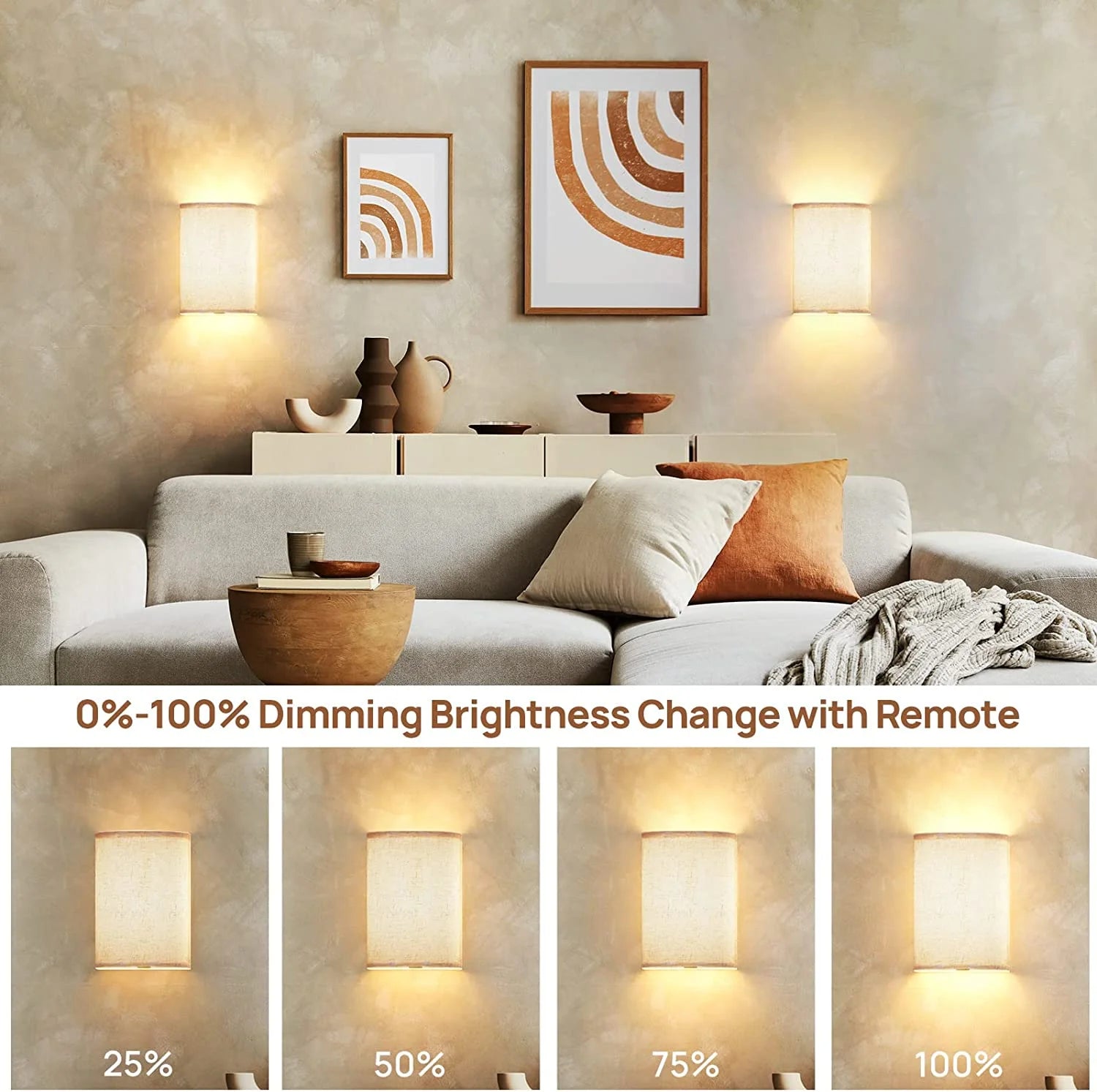 Dimmable 2-Light LED Fabric Linen Shade Bedroom Battery Operated Wall Sconces (2 Count)