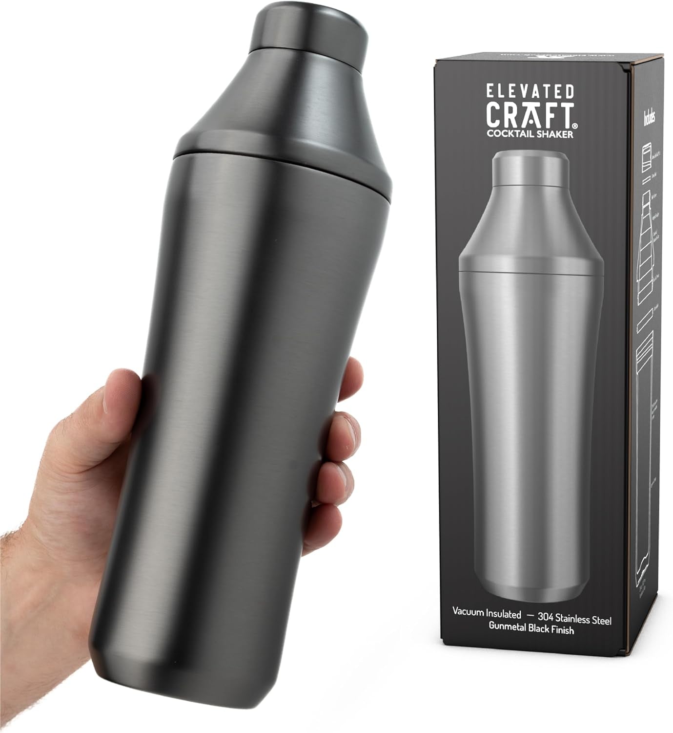 28 oz. Stainless Steel Hybrid Cocktail Shaker - Premium Vacuum Insulated Gunmetal - Innovative Measuring System