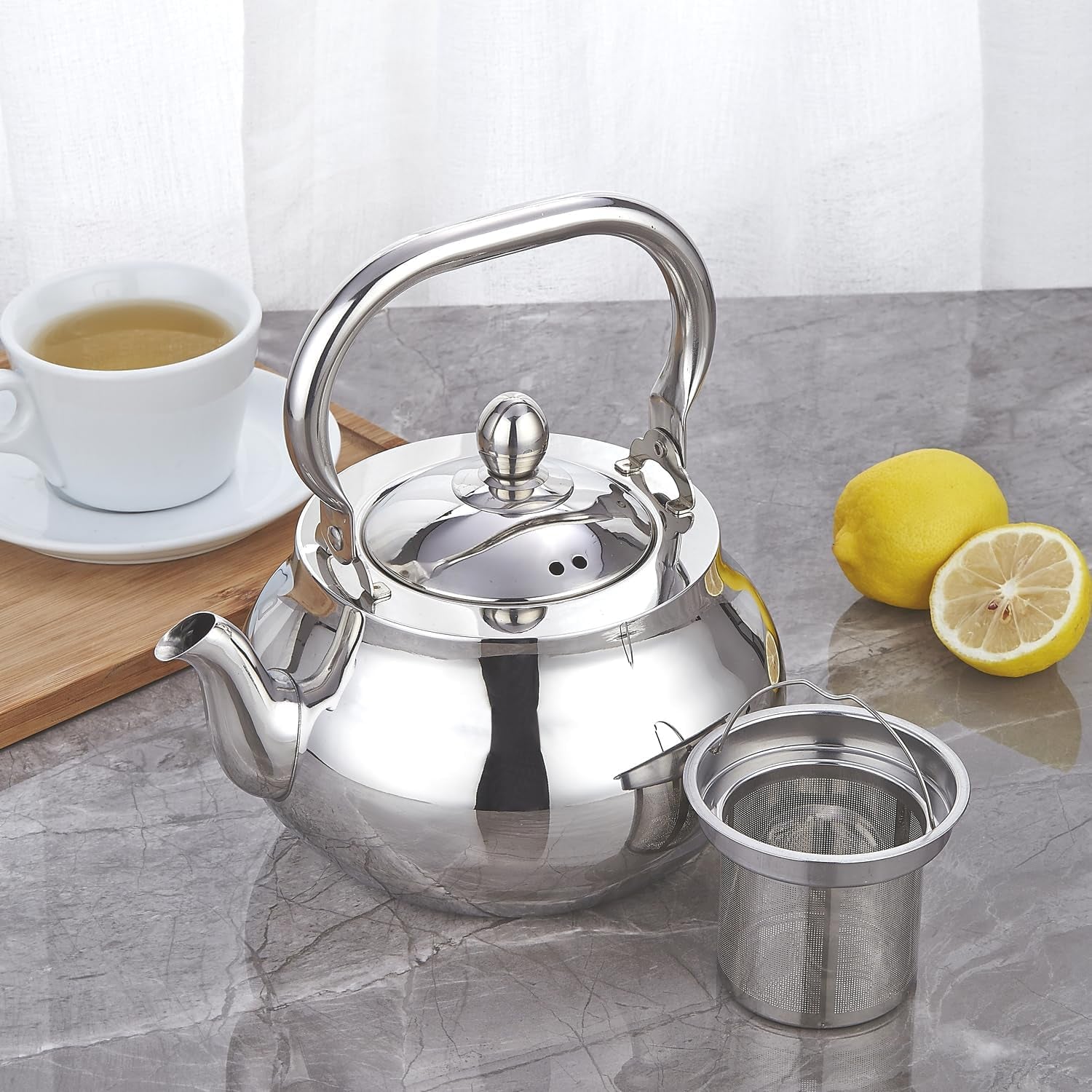 71 Oz Stainless Steel Teapot with Removeable Infuser, Thickened Mirror Polished Stovetop Tea Maker for Herbal and Infusion