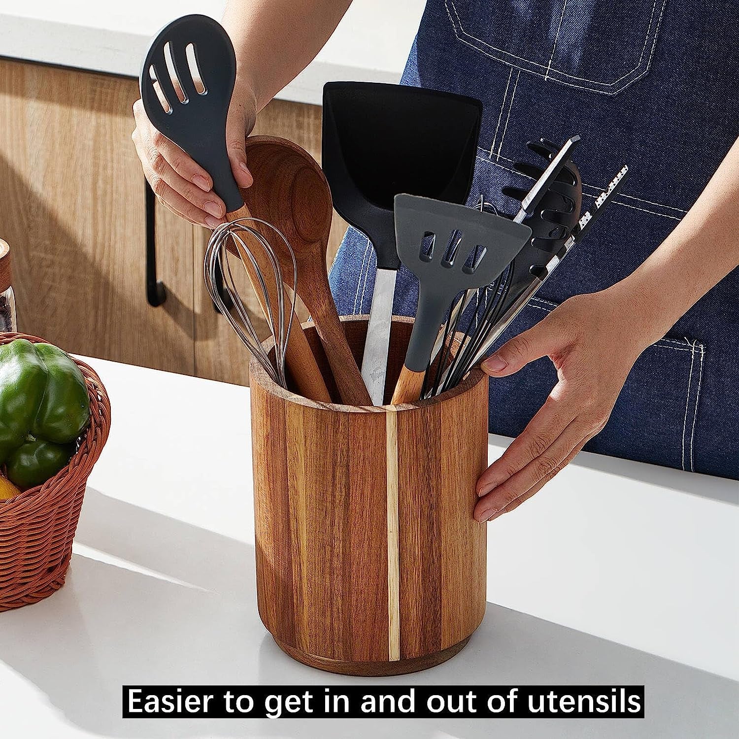 Acacia Wood Utensil Holder for Kitchen Counter, 360° Rotating 7.2" Wooden Cooking Utensil Crock for Countertop