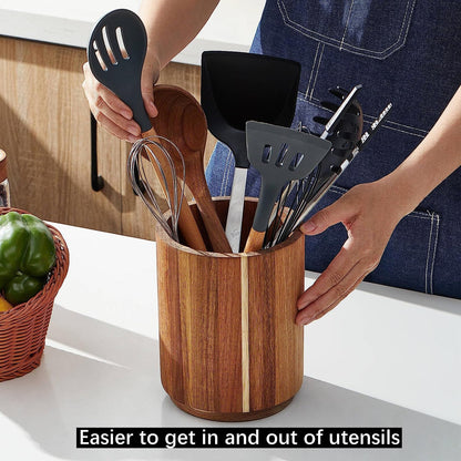 Acacia Wood Utensil Holder for Kitchen Counter, 360° Rotating 7.2" Wooden Cooking Utensil Crock for Countertop