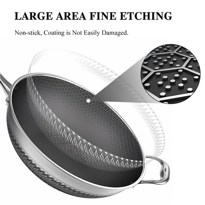 13" Large Honeycomb Wok Stainless Steel Nonstick Frying Pan Induction Cookware
