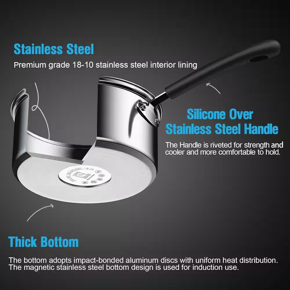 3 Qt. Stainless Steel Mirror Polished Sauce Pan with Silicone Wrapped Heat-Resistant Handle and Tempered Glass Lid