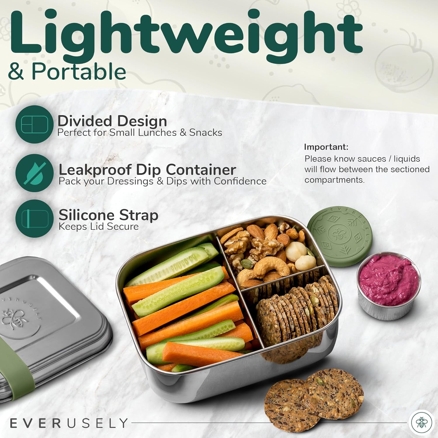 27Oz / 0.8 L - Stainless Steel Lunch Box with Leakproof Condiment Container - 3 Compartment Snack Organizer for on the Go Meals