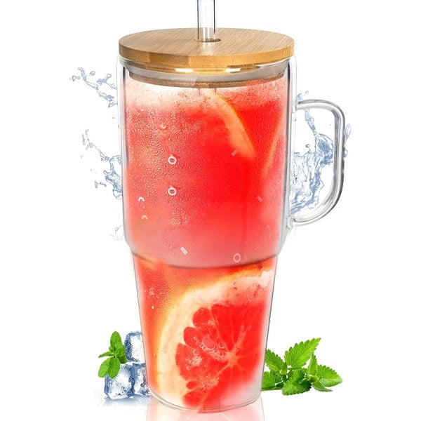 Stylish Glass Cup with Bamboo Lid and Straw