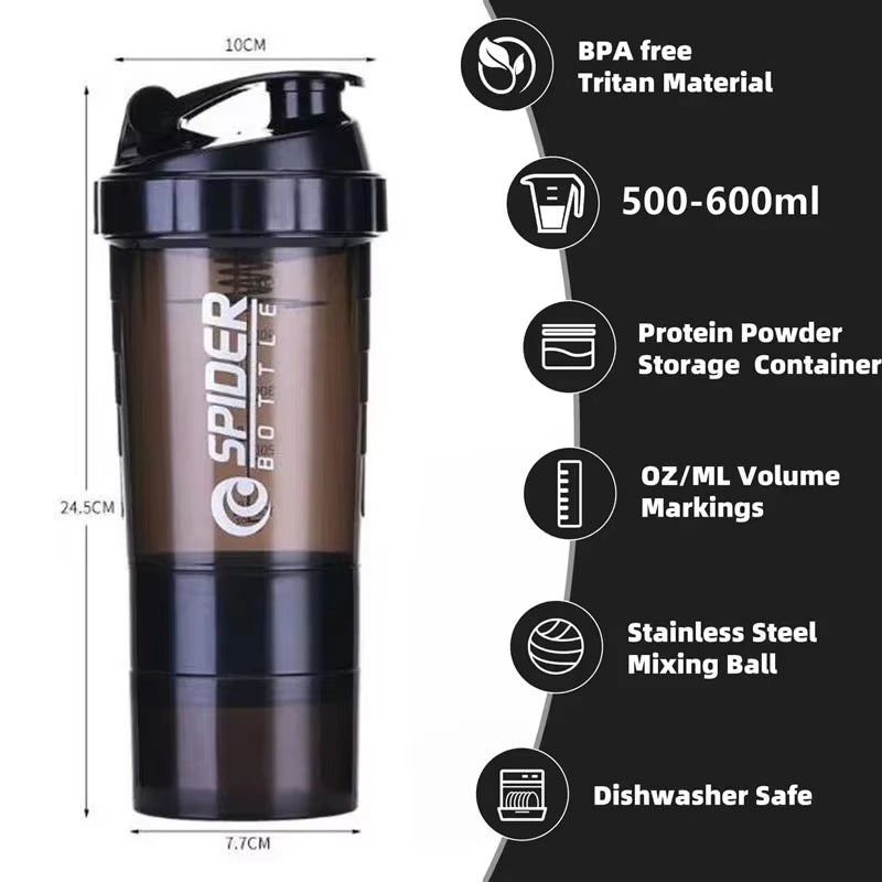 Portable Protein Shaker Cup with Powder Storage Container 500ML Mixer Cup Gym Sport Water Bottles with Wire Whisk Ball