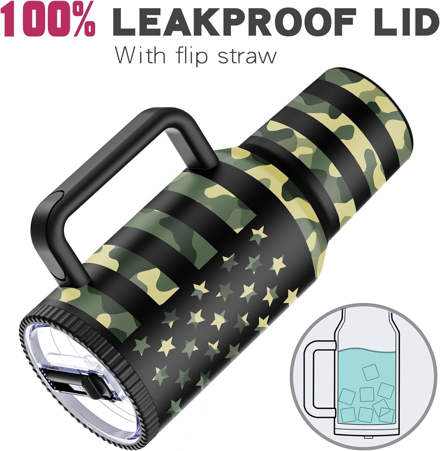 40 Oz Stainless Steel Tumbler with Handle and Flip Straw Lid - Upgraded (Camo Flag)