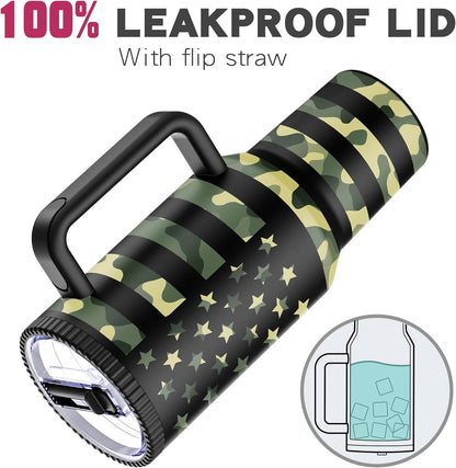 40 Oz Stainless Steel Tumbler with Handle and Flip Straw Lid - Upgraded (Camo Flag)