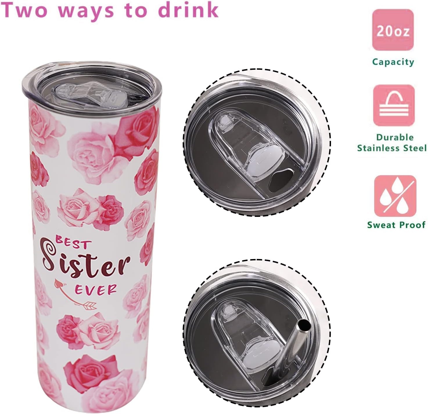 20 Oz Pink Floral Tumbler with Lid and Straw