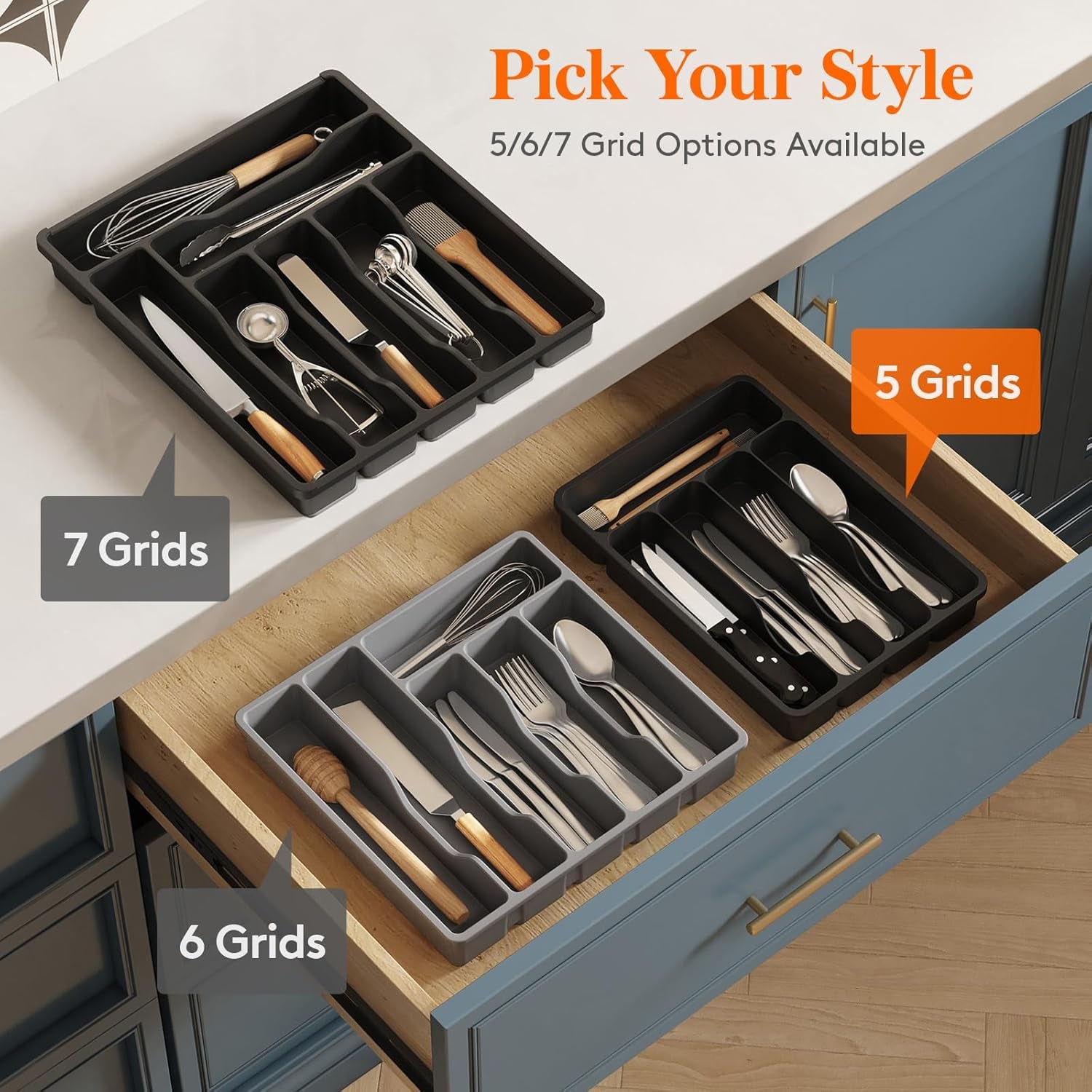 5 Compartment Plastic Cutlery Storage for Kitchen Drawer, Flatware and Utensil Holder Divider for Spoons Forks Knives Tableware, Black