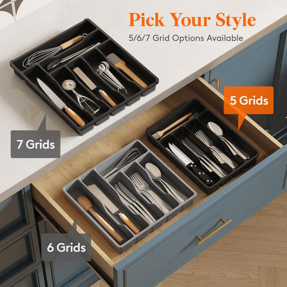 5 Compartment Plastic Cutlery Storage for Kitchen Drawer, Flatware and Utensil Holder Divider for Spoons Forks Knives Tableware, Black