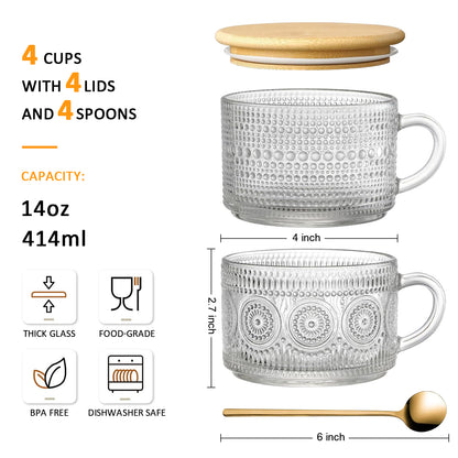 4-Pack 14oz Vintage Glass Coffee Mugs 