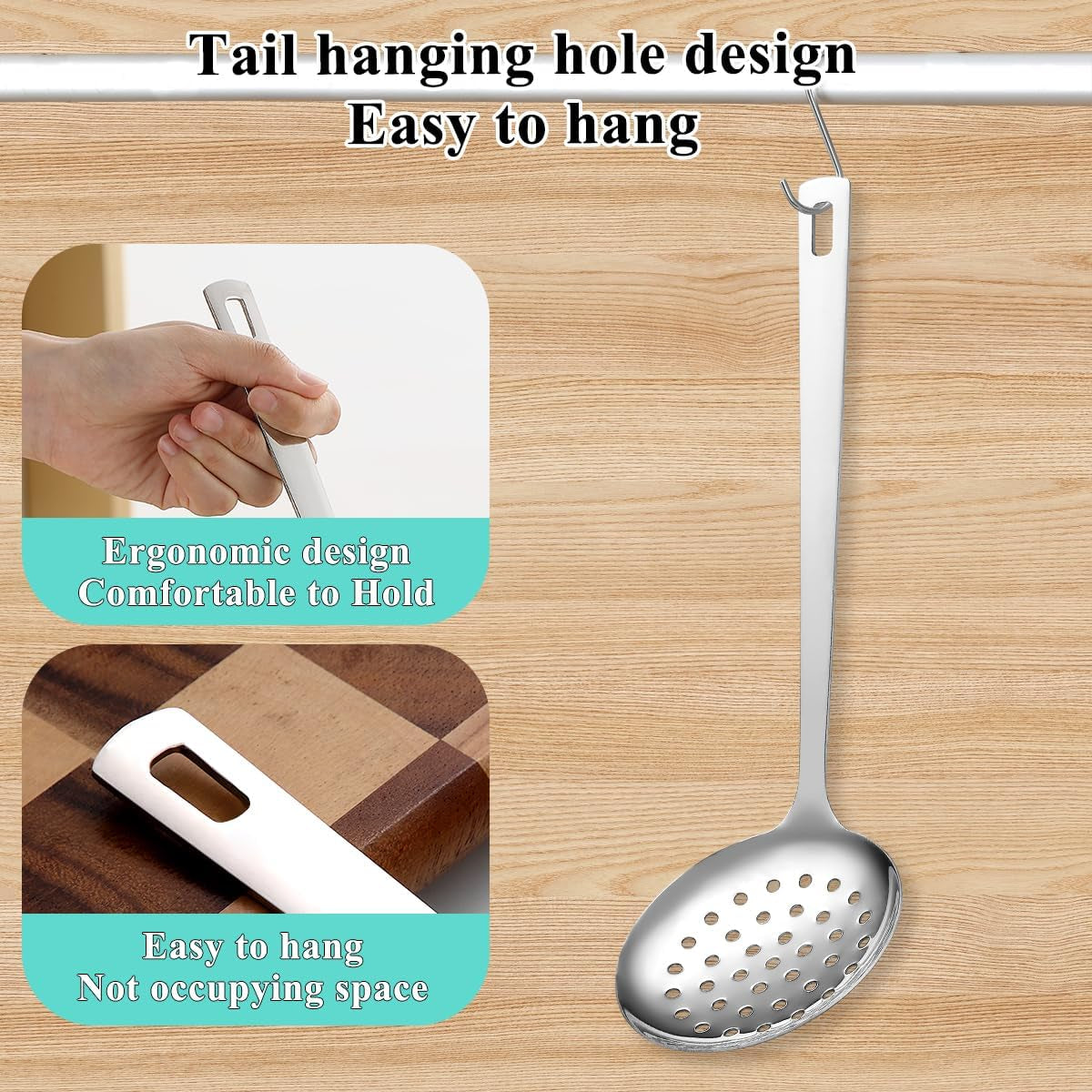 Stainless Steel Kitchen Skimmer Slotted Spoon for Straining Pasta/Cooking/Frying, Durable Rust-Resistant