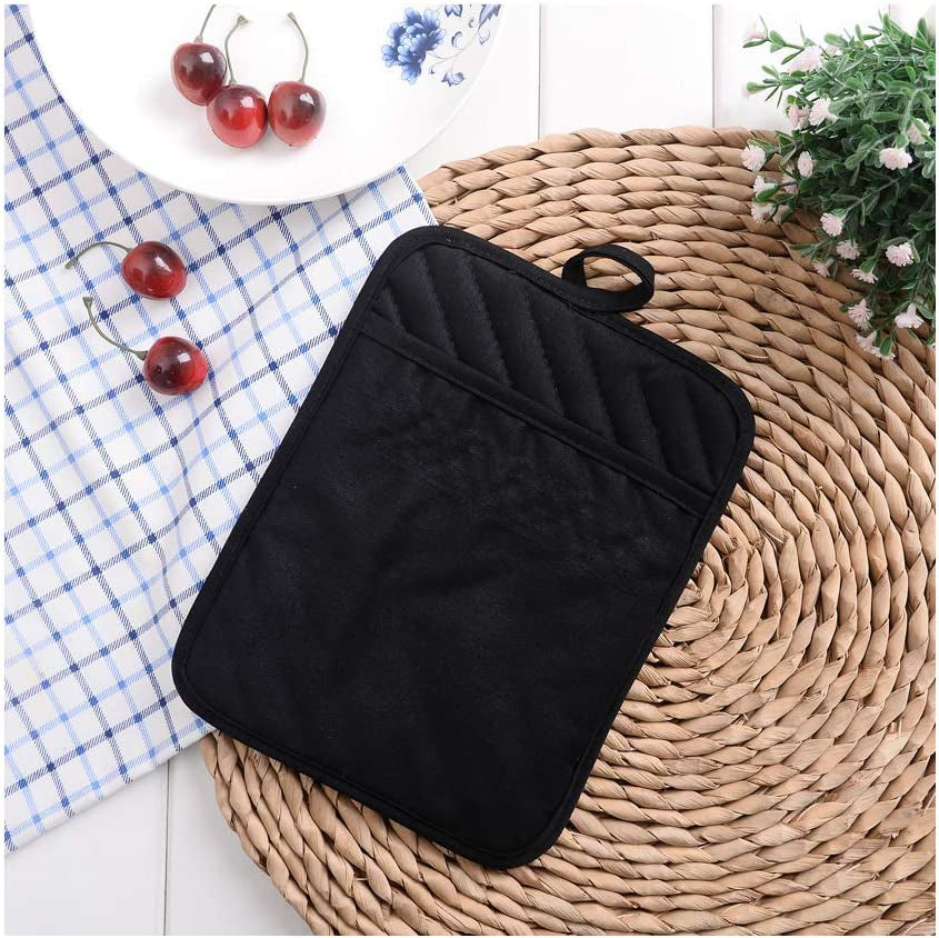 Cotton Pot Holders with Pocket, Heat Resistant Black Counter Table Hot Pads 