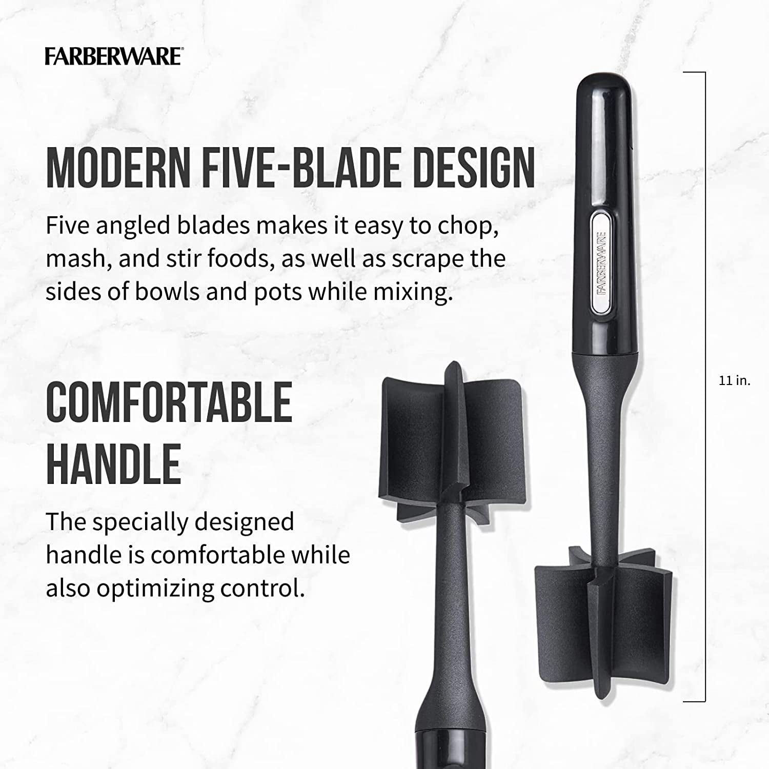 Nylon Meat and Potato Masher – 5-Blade Ground Meat Chopper, Heat-Resistant to 450°F, Safe for Nonstick Cookware, Ergonomic Handle, 10-Inch, Dishwasher-Safe, Black