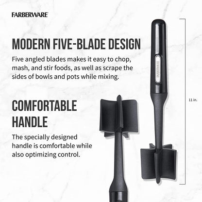 Nylon Meat and Potato Masher – 5-Blade Ground Meat Chopper, Heat-Resistant to 450°F, Safe for Nonstick Cookware, Ergonomic Handle, 10-Inch, Dishwasher-Safe, Black