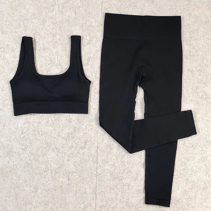 Ribbed Women Sets Fitness Suit Seamless Sportswear Sexy Gym Clothing Stripe Legging Long Sleeve Sport Outfits Woman Tracksuit