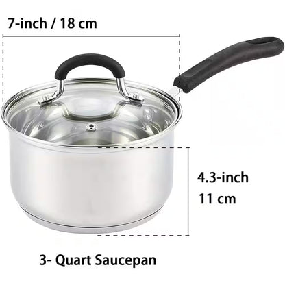 3 Qt. Stainless Steel Mirror Polished Sauce Pan with Silicone Wrapped Heat-Resistant Handle and Tempered Glass Lid