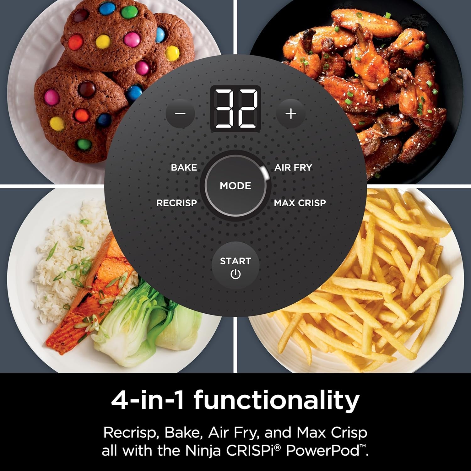 4-In-1 Portable Glass Air Fryer Cooking System, 1500W, 4QT & 6-Cup Tempware Glass Containers with Storage Lids, Microwave, Freezer & Dishwasher Safe, Cyberspace Gray