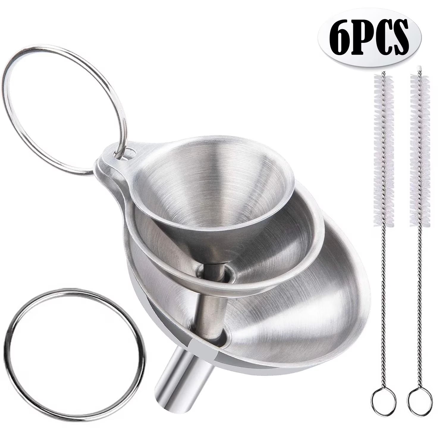 6Pcs Stainless Steel Funnel, Large Small Funnel Set of 3 for Kitchen Use Filling Bottles Flask Cooking, 2 Brushes