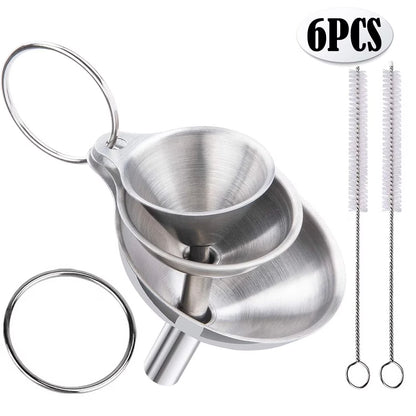 6Pcs Stainless Steel Funnel, Large Small Funnel Set of 3 for Kitchen Use Filling Bottles Flask Cooking, 2 Brushes