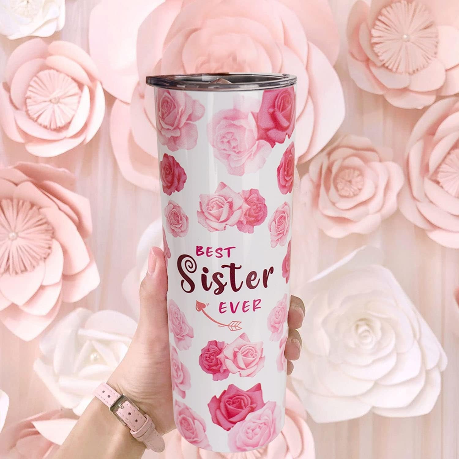 20 Oz Pink Floral Tumbler with Lid and Straw