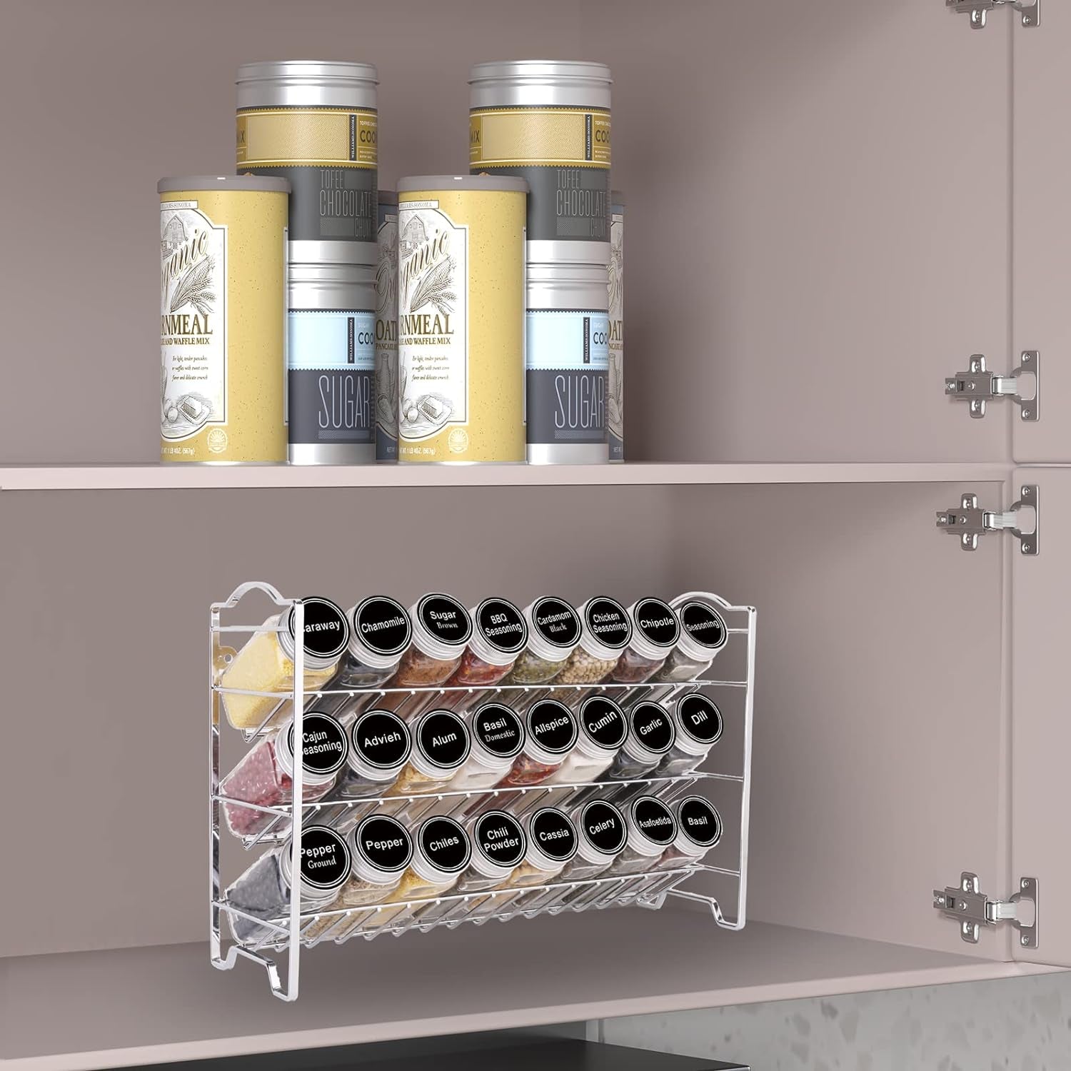 3-Tier Spice Rack Organizer with 24 Glass Jars & 396 Labels