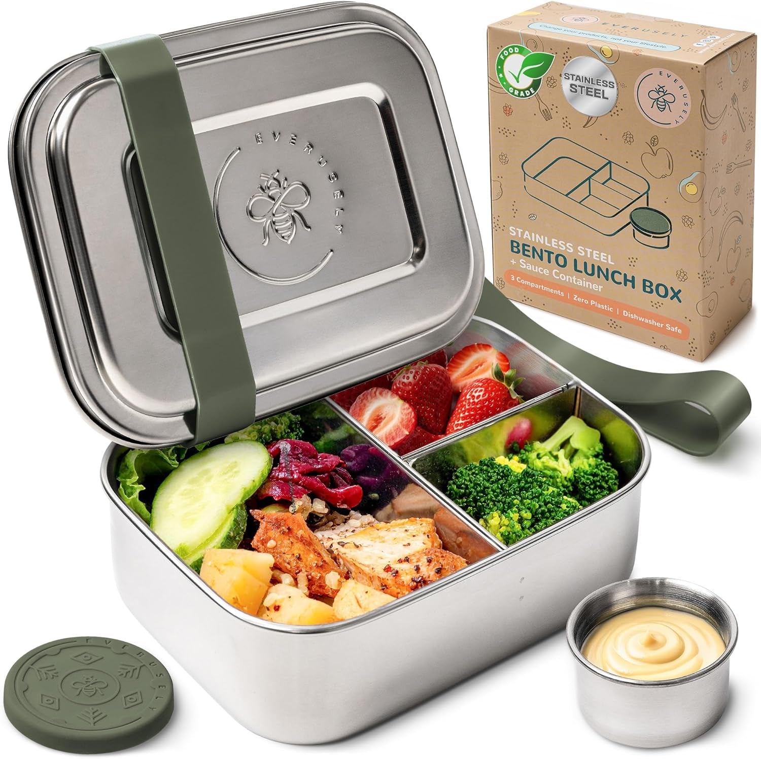 27Oz / 0.8 L - Stainless Steel Lunch Box with Leakproof Condiment Container - 3 Compartment Snack Organizer for on the Go Meals