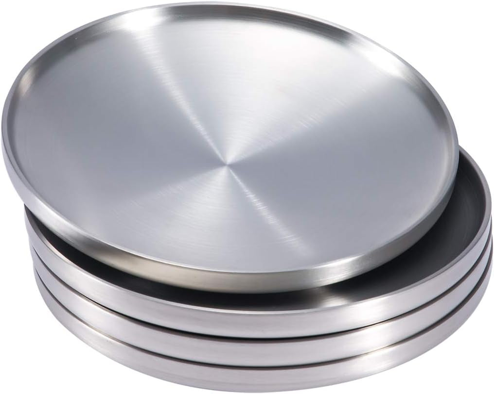 6.7" Stainless Steel Dessert Appetizer Plates, Double-Layer round Lunch Plates - Set of 4