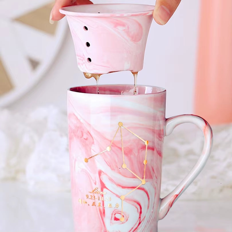 380ML  Natural Marble 12 Constellation Ceramic Pink Zodiac Mug with Lid
