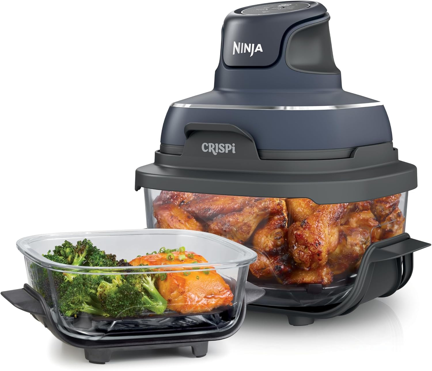 4-In-1 Portable Glass Air Fryer Cooking System, 1500W, 4QT & 6-Cup Tempware Glass Containers with Storage Lids, Microwave, Freezer & Dishwasher Safe, Cyberspace Gray