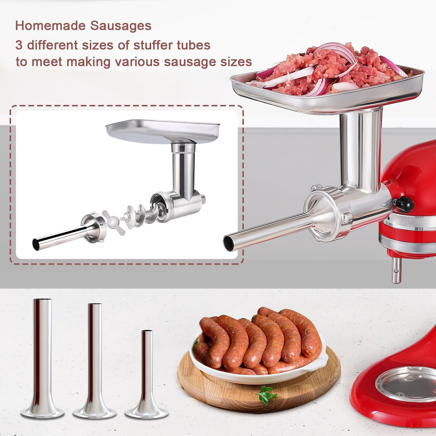 Stainless Steel Meat Grinder Attachments for Kitchenaid Mixers, Metal Food Grinder, Sausage Stuffer, Dishwasher Safe