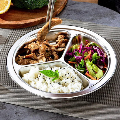 4 Pack Stainless Steel round Divided Plates, 9.5 Inch Dinner Snack Plates with 3 Compartment