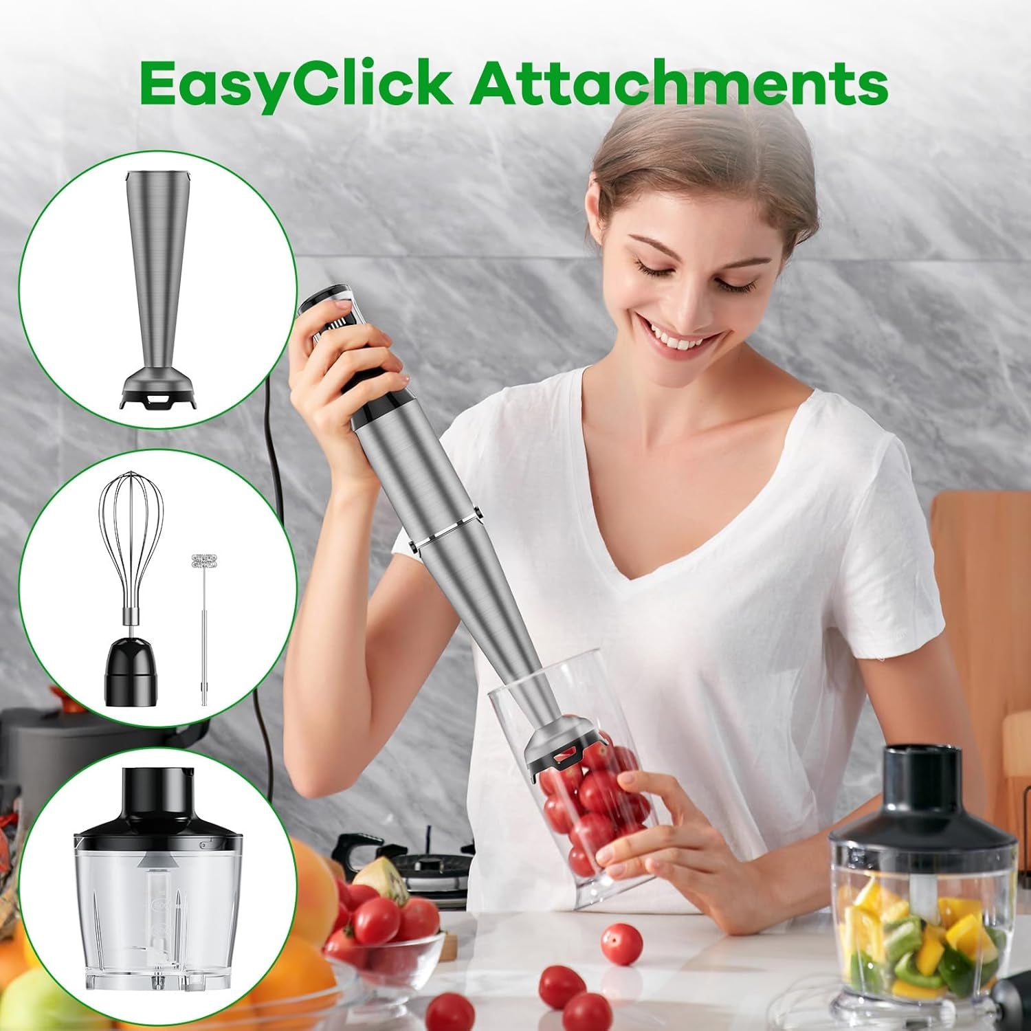 Immersion Blender Handheld Corded Hand Blenders Set 1100W, Trigger Variable Speed 5 in 1 Stick Emulsifier with Chopper, Whisk and Frother for Soup