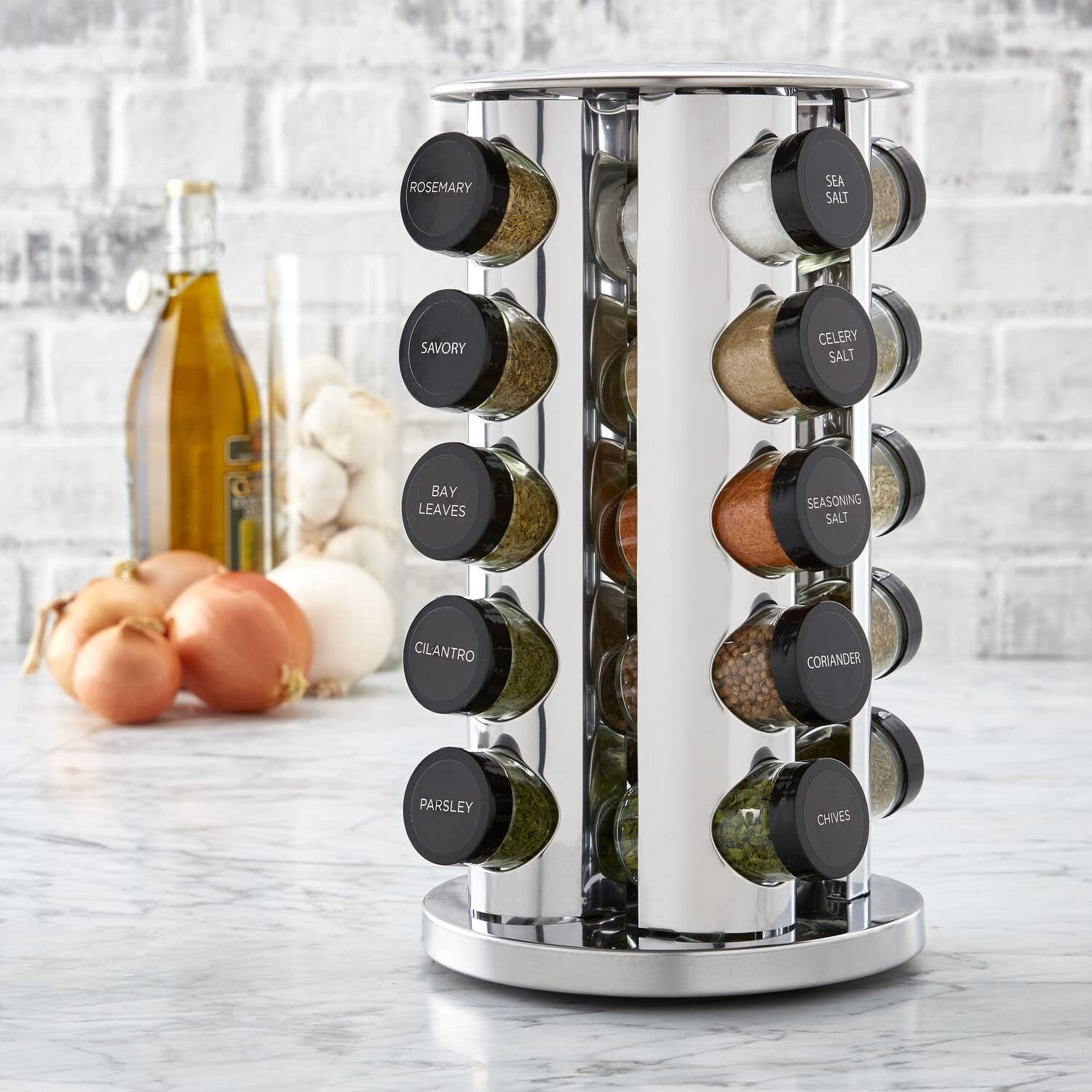 20 Jar Revolving Countertop Spice Rack with Spices Included, FREE Spice Refills for 5 Years, Polished Stainless Steel with Black Caps