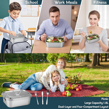 1500ML 2-Compartment Tray Stainless Steel Bento Box Leakproof with Airtight Valve Handle, Including Utensil Set (Fork/Knife/Chopsticks) 