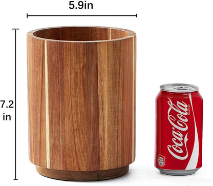 Acacia Wood Utensil Holder for Kitchen Counter, 360° Rotating 7.2" Wooden Cooking Utensil Crock for Countertop