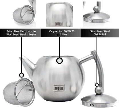 Stainless Steel Tea Pot with Removable Infuser for Loose Leaf and Tea Bags, Dishwasher Safe and Heat Resistant (Silver, 1.5 Liter)