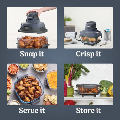 4-In-1 Portable Glass Air Fryer Cooking System, 1500W, 4QT & 6-Cup Tempware Glass Containers with Storage Lids, Microwave, Freezer & Dishwasher Safe, Cyberspace Gray