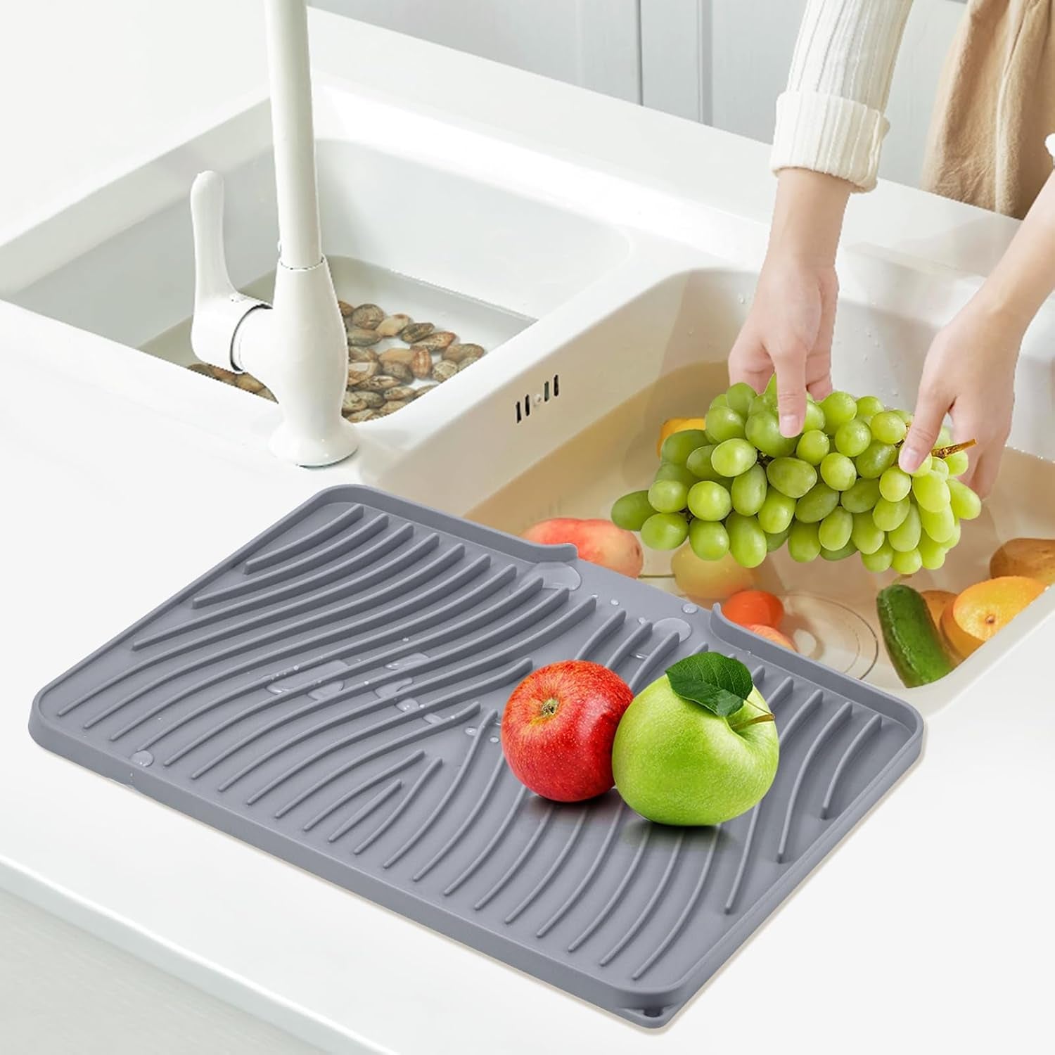 Silicone Dish Drying Mat for Kitchen Counter, Dish Drying Pad, Non-Slip Drain Pad with Built-In Drain, Heat Resistant Stone Drying Mat(15.8" X 13", Grey)